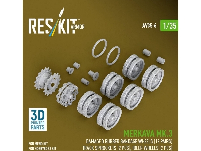 Merkava Mk.3 - 3d-printed Damaged Rubber Bandage Road Wheels (12 Pairs) / Track Sprockets (2 Pcs) And Idler Wheels (2 Pcs) (For 