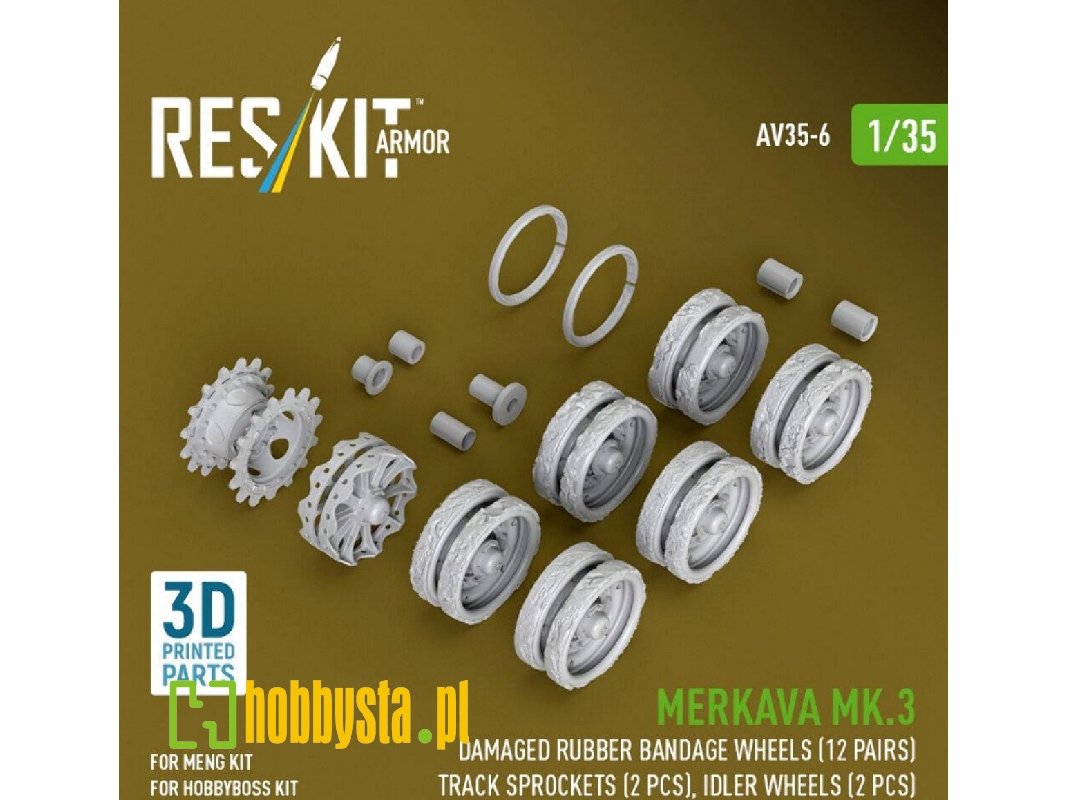 Merkava Mk.3 - 3d-printed Damaged Rubber Bandage Road Wheels (12 Pairs) / Track Sprockets (2 Pcs) And Idler Wheels (2 Pcs) (For 