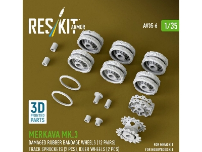 Merkava Mk.3 - 3d-printed Damaged Rubber Bandage Road Wheels (12 Pairs) / Track Sprockets (2 Pcs) And Idler Wheels (2 Pcs) (For 