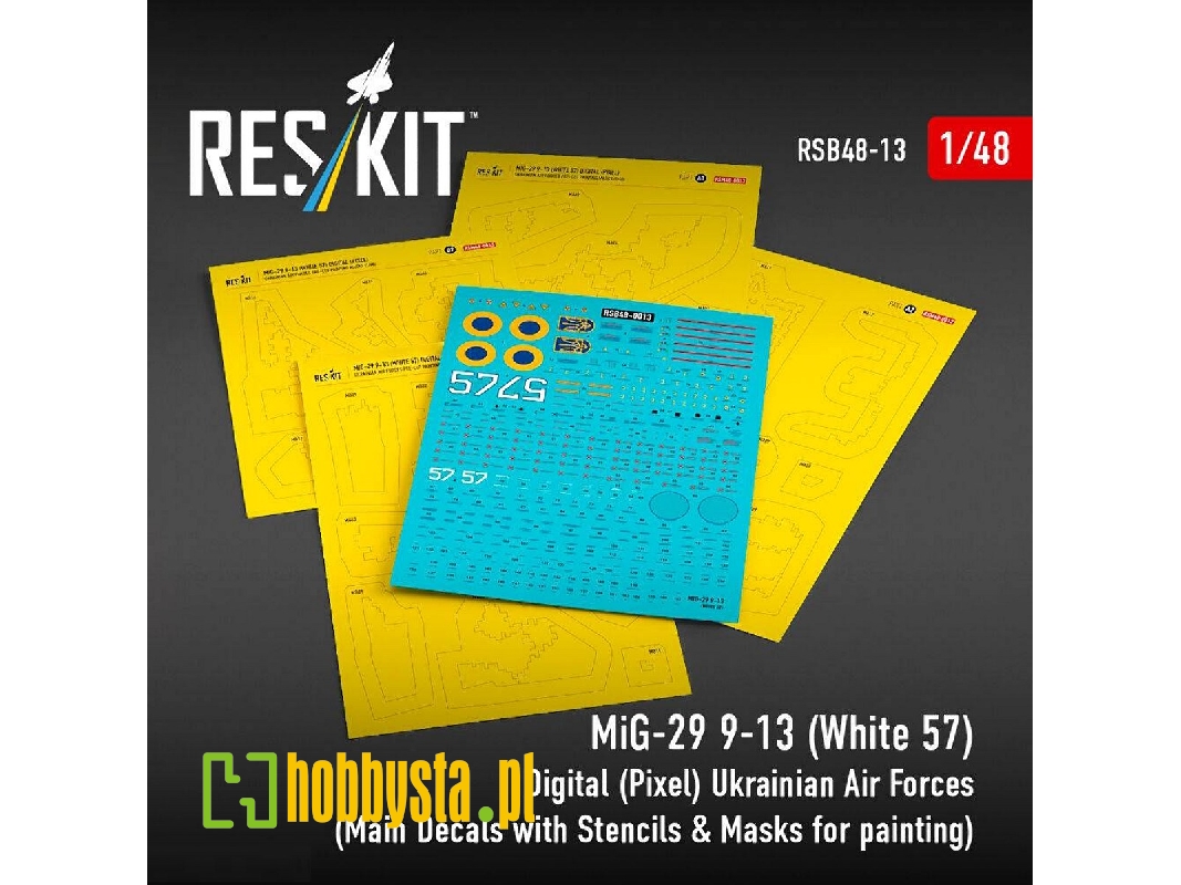 Mig-29 9-13 - (White 57) Digital (Pixel) Ukrainian Air Forces (Main Decals With Stencils & Masks For Painting / 4 Pcs) - zdjęci