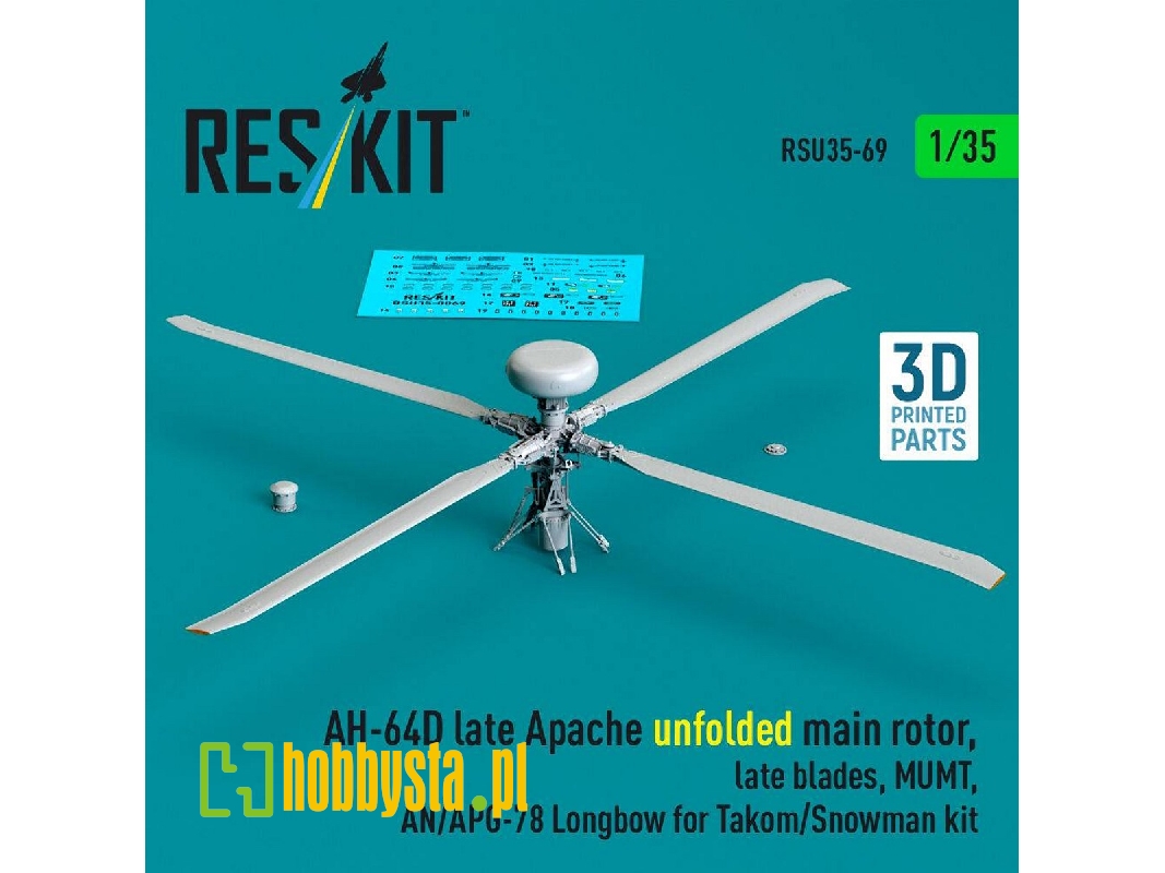 Ah-64 D Late Apache - Unfolded Main Rotor, Late Blades, Mumt, An/Apg-78 Longbow (For Takom / Snowman Kits / 3d-printed) - zdjęc