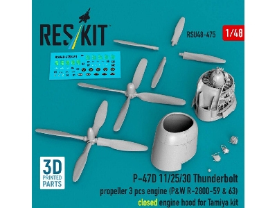 Republic P-47 D 11/25/30 Thunderbolt - Propeller (3 Pcs) And Engine (P&w R-2800-59 & 63) / Closed Engine Hood (For Tamiya Kits /