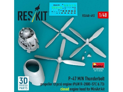 Republic P-47 M/N Thunderbolt - Propeller (3 Pcs) And Engine (P&w R-2800-57c & 73) / Closed Engine Hood (For Miniart Kits / 3d-p