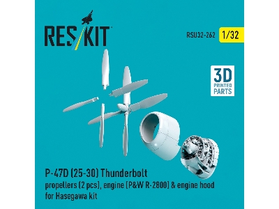 Republic P-47d (25-30) Thunderbolt - Propellers (2 Pcs), Engine (P&w R-2800) & Engine Hood (For Hasegawa Kits / 3d-printed) - zd
