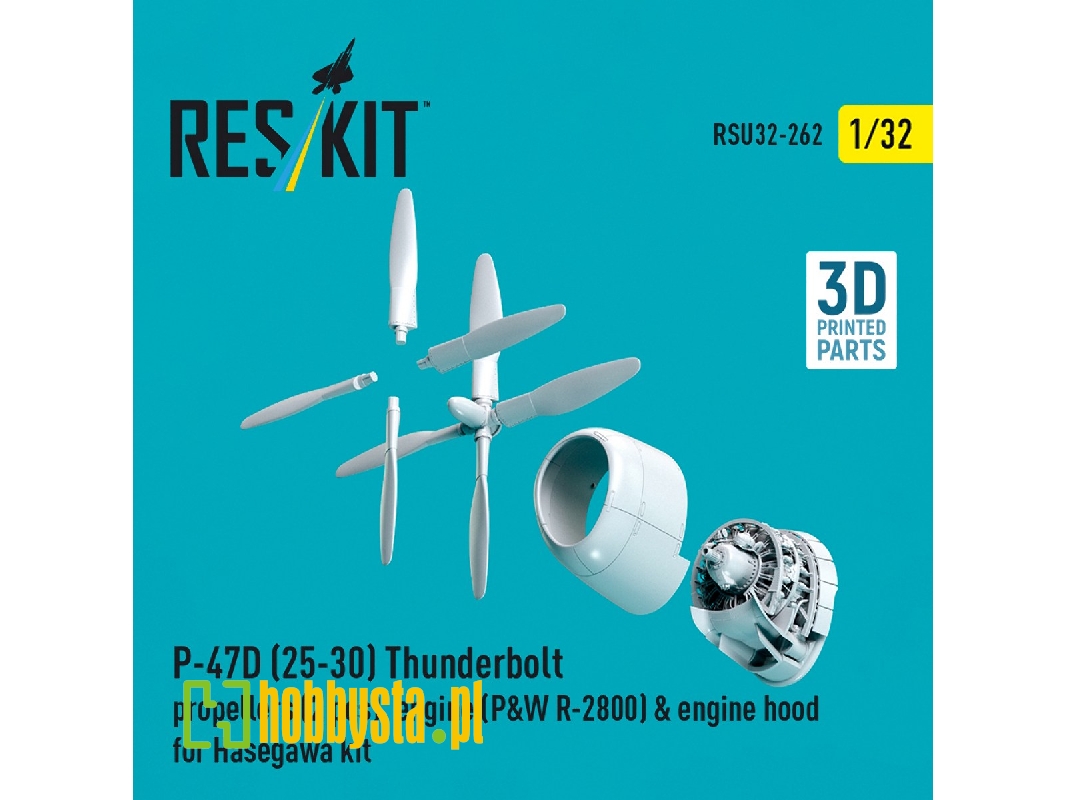Republic P-47d (25-30) Thunderbolt - Propellers (2 Pcs), Engine (P&w R-2800) & Engine Hood (For Hasegawa Kits / 3d-printed) - zd