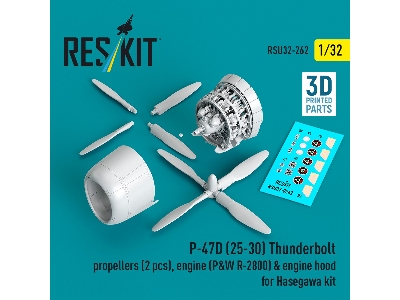 Republic P-47d (25-30) Thunderbolt - Propellers (2 Pcs), Engine (P&w R-2800) & Engine Hood (For Hasegawa Kits / 3d-printed) - zd