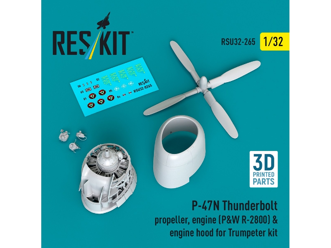 Republic P-47 N Thunderbolt - Propellers (3 Pcs), Engine (P&w R-2800) & Engine Hood (For Trumpeter Kits / 3d-printed) - zdjęcie