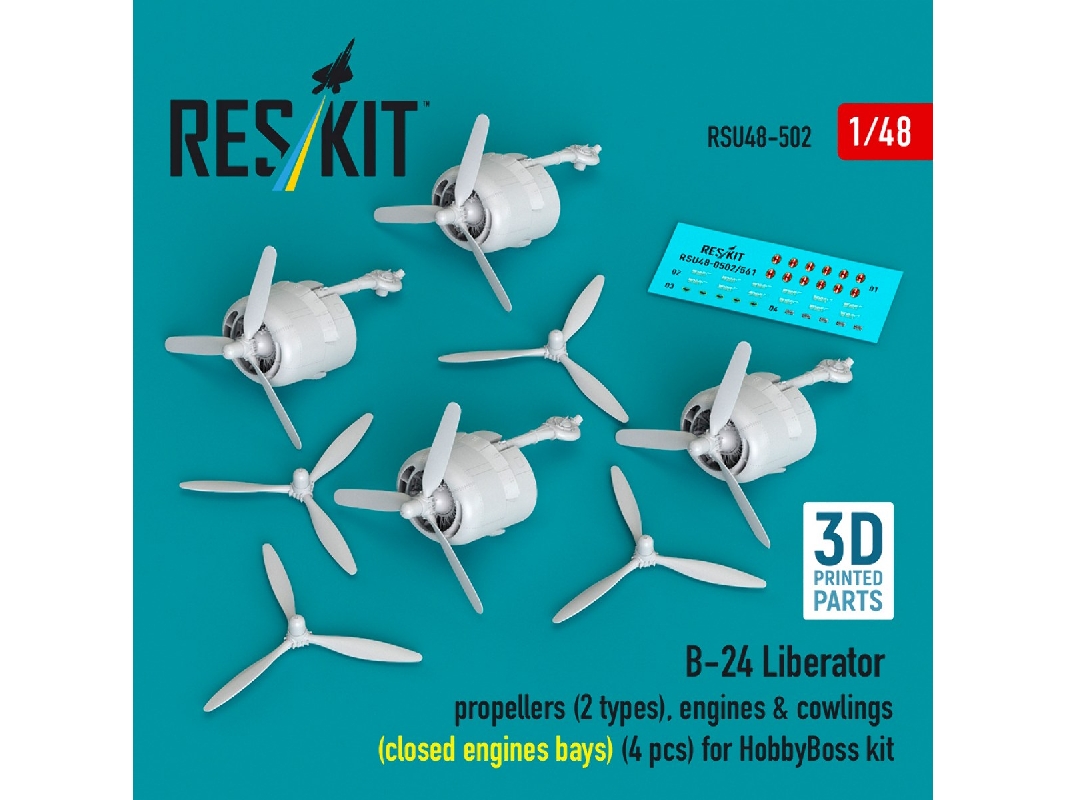 B-24 Liberator - Rropellers (2 Types), Engines & Cowlings (Closed Engine Bays / 4 Pcs) For Hobby Boss Kits (3d-printed) - zdjęc