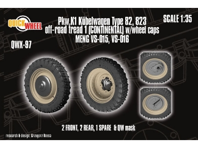 Pkw. K1 Kubelwagen Type 82 - 823 Off-road Tread 1 (Continental) W/ Wheel Caps (For Meng Kits) - zdjęcie 1