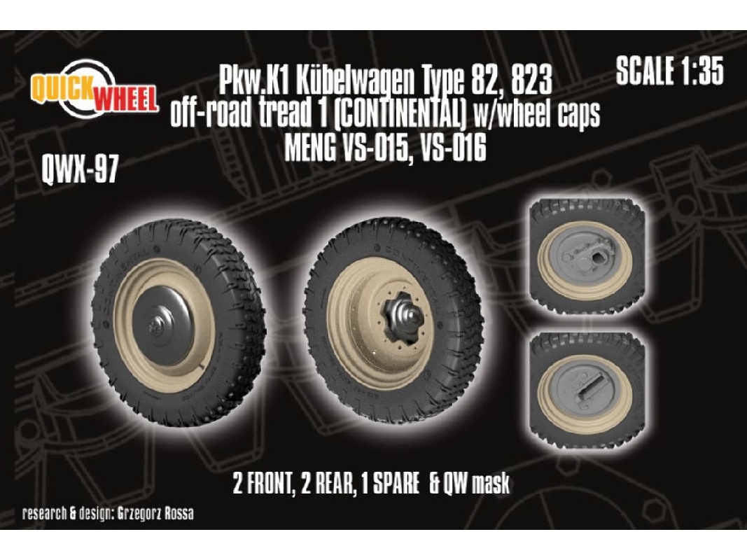 Pkw. K1 Kubelwagen Type 82 - 823 Off-road Tread 1 (Continental) W/ Wheel Caps (For Meng Kits) - zdjęcie 1