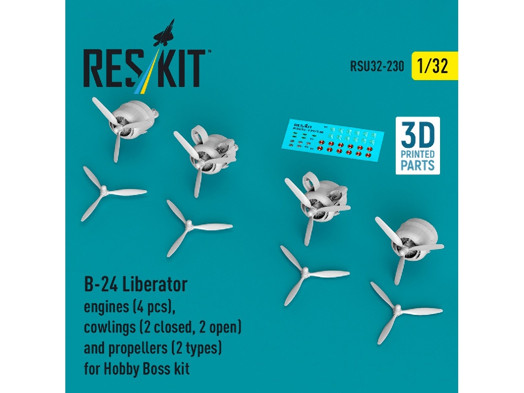 B-24 Liberator - 3d-printed Engines (4 Pcs), Cowlings (2 Closed + 2 Opened) And Propellers (2 Types) - For Hobby Boss Kits - zdj